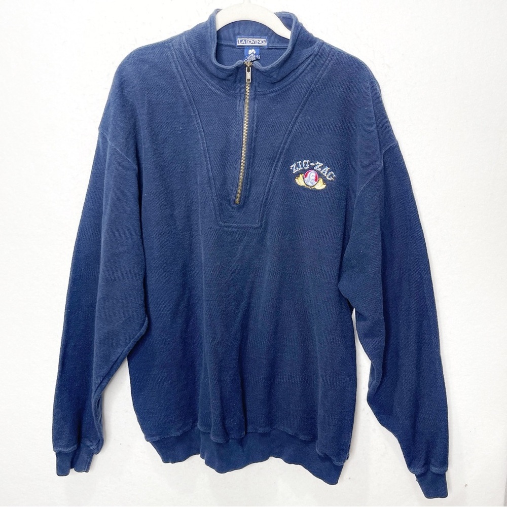 Vintage LA Loving Zig Zag Man Quarter Zip Pullover Navy Blue Embroidered Y2K